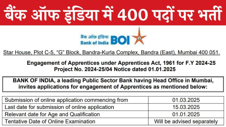 Bank of India Vacancy:400 रिक्तियों की भर्ती के लिए अधिसूचना जारी की है।